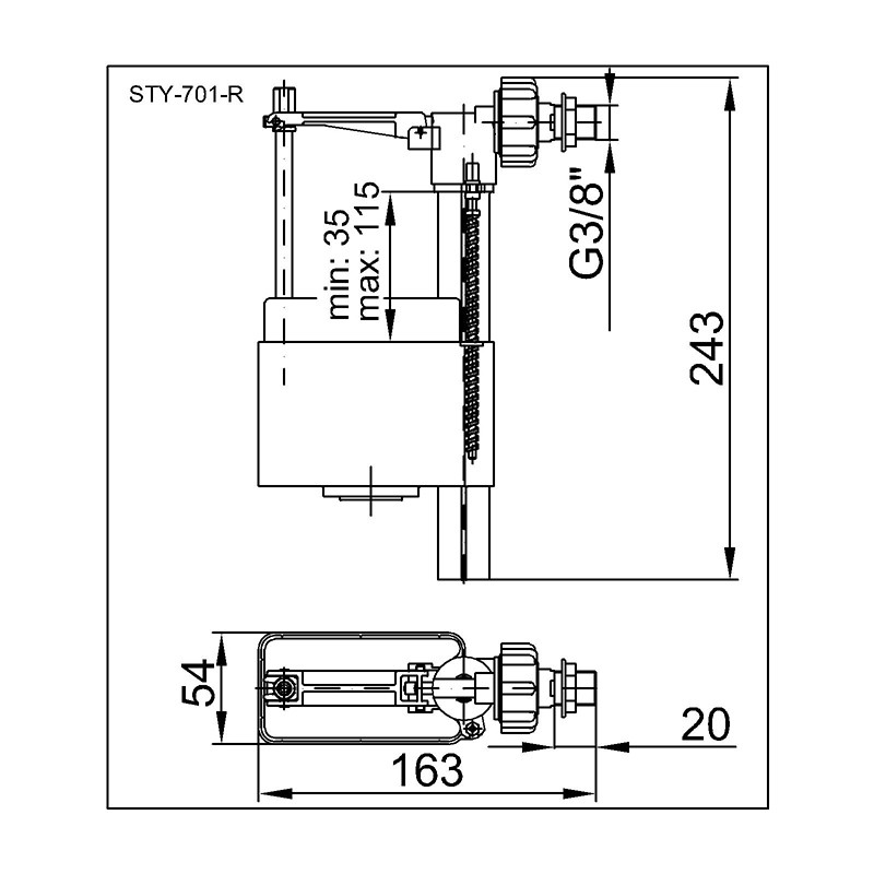 STY-701-R - Napuštací ventil k WC, 3/8" kovový závit