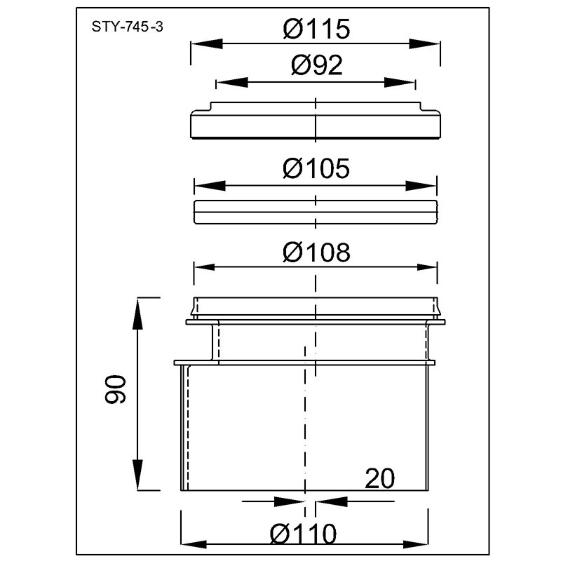 STY-745-3 - Excentrický nádstavec na WC manžetu pr.90/110mm + tesnenie