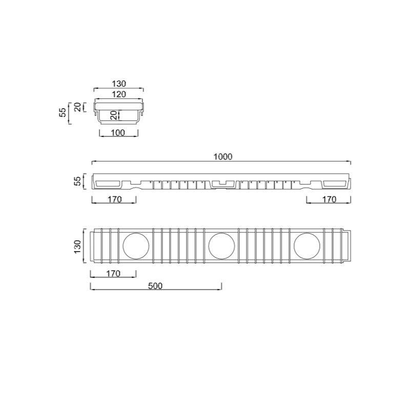 STY-904-M - Odvodňovací žľab nízky, Plastový rošt, 1,5t, (100x130x55mm)